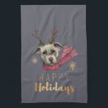 Cute Reindeer Pit Bull Terrier Dog Christmas Kitchen Towel<br><div class="desc">Watercolor and colour pencil illustration of a cute American pit bull terrier dog with red scarf and antlers. It says "Happy Holidays" in shiny gold font under the dog.</div>