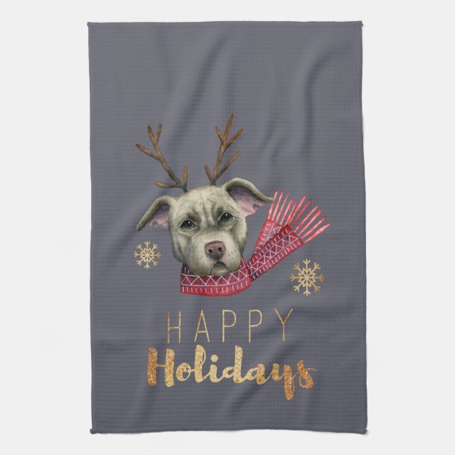 Cute Reindeer Pit Bull Terrier Dog Christmas Kitchen Towel (Vertical)