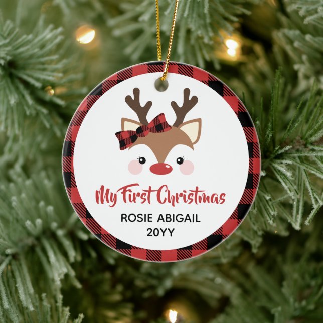 Cute Reindeer Plaid Bow 1st Christmas Baby Photo Ceramic Ornament (Tree)