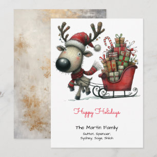 Cute Reindeer Pulling Sleigh of Gifts Red Happy Holiday Card