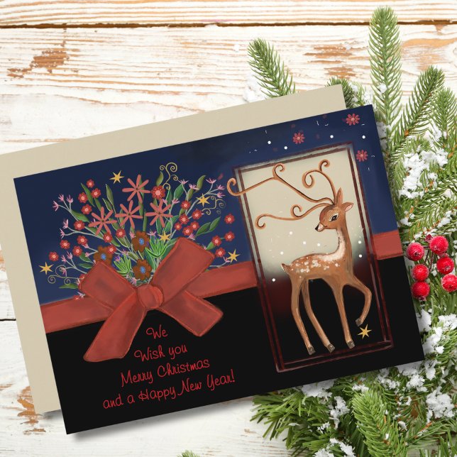 Cute Reindeer Red Bow Blue& Black Holiday Card (Cute Reindeer Red Bow Blue& Black Holiday Card)