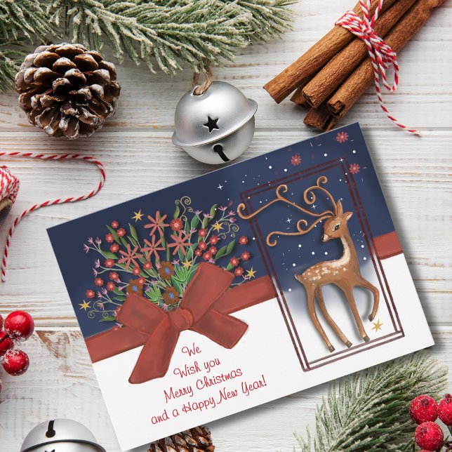 Cute Reindeer Red Bow Blue& White Holiday Card (Cute Reindeer Red Bow Blue& White Holiday Card)