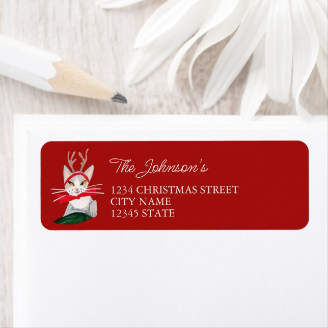Cute reindeer retro cat red Christmas Label (Insitu)