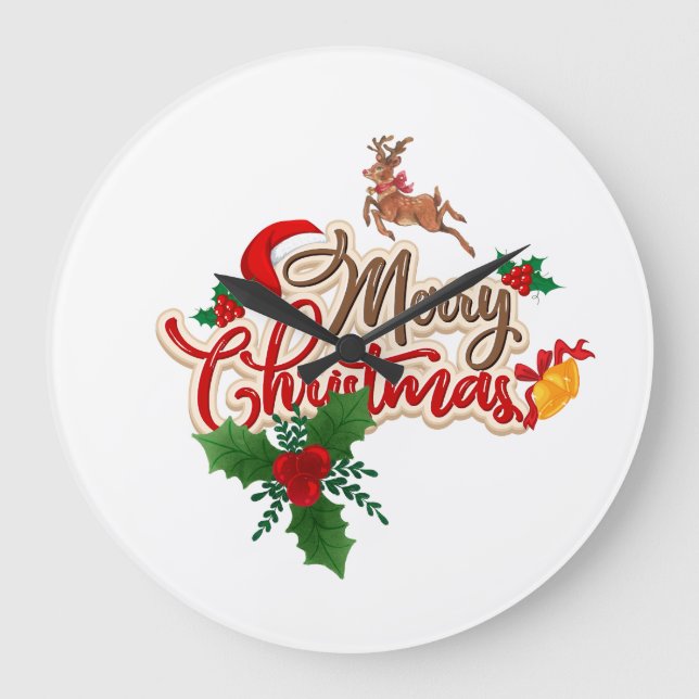 Cute Reindeer & Santa Hat Merry Christmas Large Clock (Front)