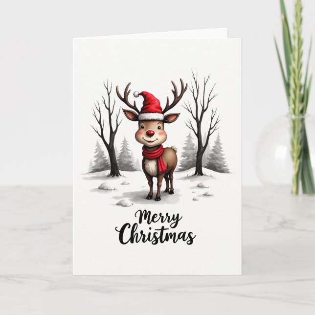 Cute Reindeer Santa Hat Red Scarf Merry Christmas Card (Front)