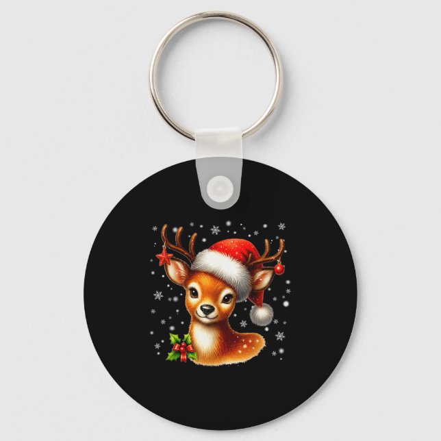 Cute Reindeer Santa Hat Rednose Christmas Xmas Wom Keychain (Front)