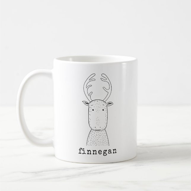 Cute Reindeer Simple Line Illustration Custom Name Coffee Mug (Left)