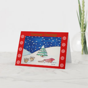 Cute reindeer snow scene with sleigh christmas holiday card