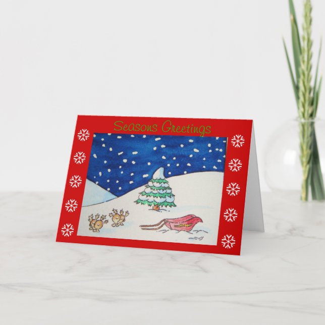 Cute reindeer snow scene with sleigh christmas holiday card (Front)