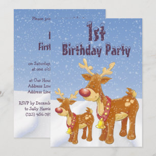Cute Reindeer Snow Scenery 1st Birthday Invitation