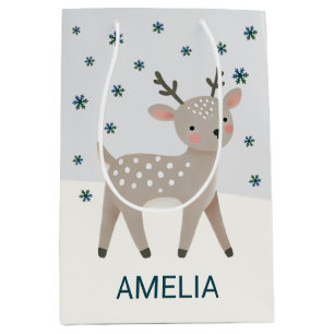 Cute Reindeer Snowflakes Drawing Christmas Name Medium Gift Bag