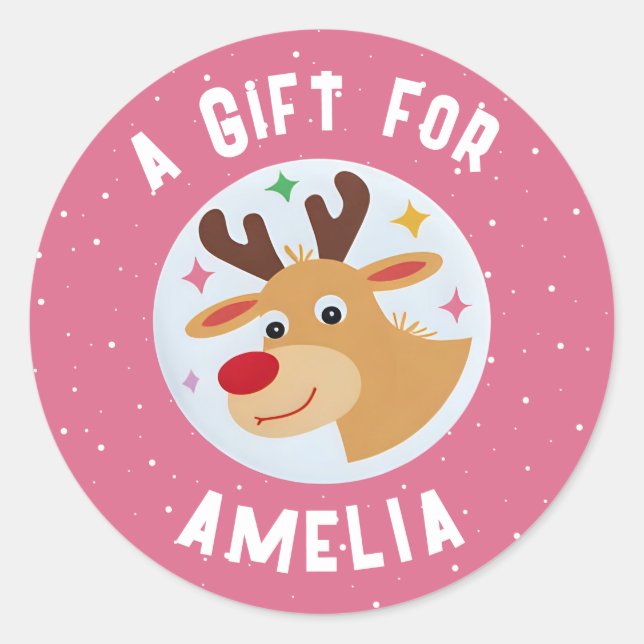 Cute Reindeer Snowflakes Kid`s Name Christmas  Classic Round Sticker (Front)