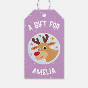 Cute Reindeer Snowflakes Kid`s Name Christmas  Gift Tags