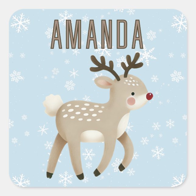 Cute Reindeer Snowflakes Kids Name Christmas Square Sticker (Front)