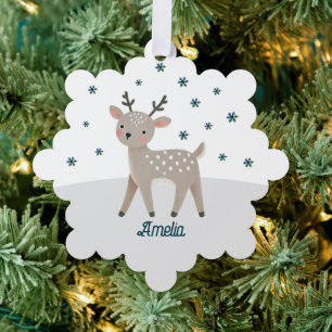 Cute Reindeer Snowflakes Name Christmas Ornament Card