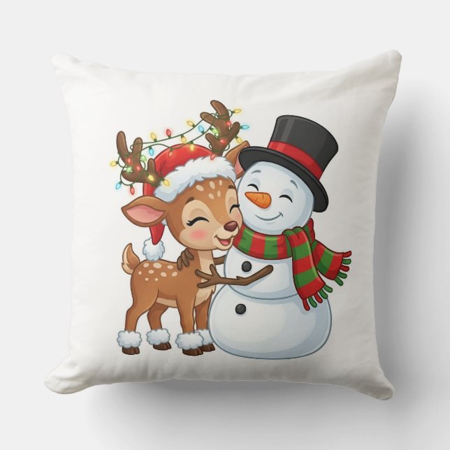 Cute Reindeer & Snowman Christmas Pillow (Front)