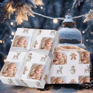 Cute Reindeer Snowman Photo Christmas Holiday Wrapping Paper