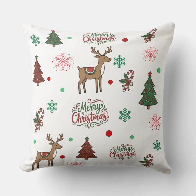 Cute Reindeer & Tree Merry Christmas Pattern Throw Pillow (Front)