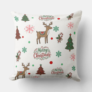Cute Reindeer & Tree Merry Christmas Pattern Throw Throw Pillow