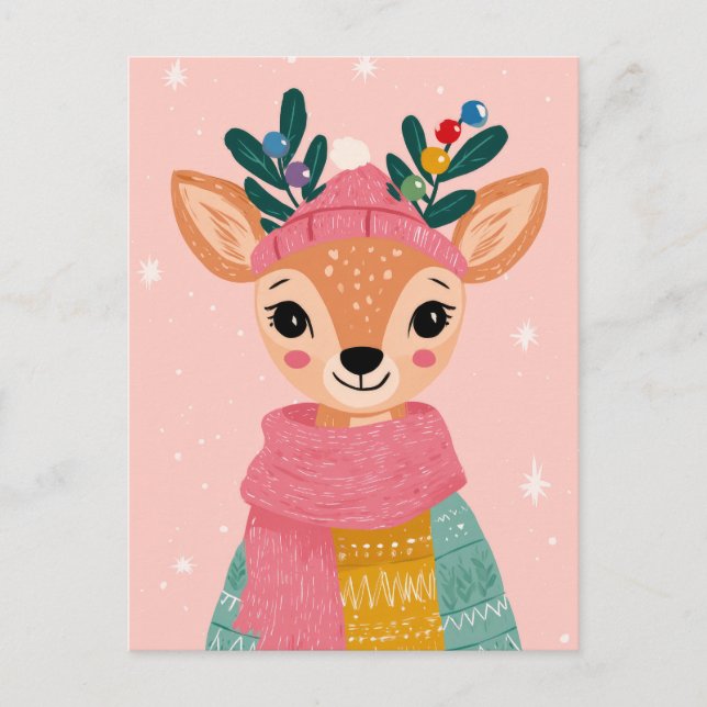 Cute Reindeer Watercolor Whimsical Christmas  Postcard (Front)