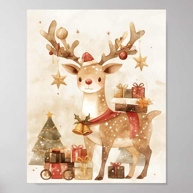 Cute Reindeer with Christmas Gifts Wall Art Decor (Front)