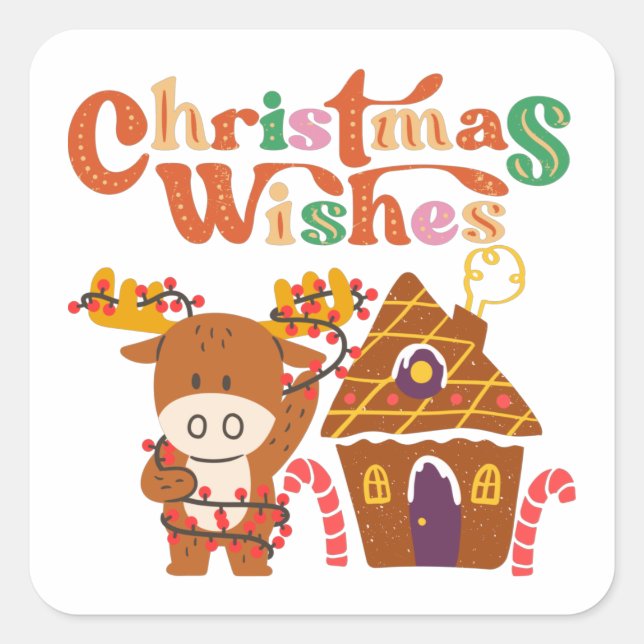 Cute Reindeer With Christmas Lights Happy Holidays Square Sticker (Front)