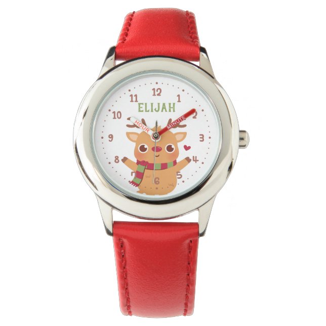Cute Reindeer With Red and Green Scarf Kids Watch (Front)