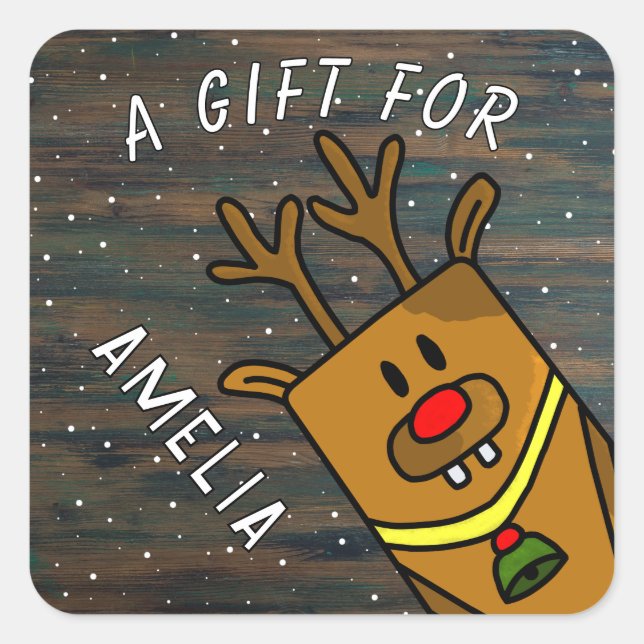 Cute Reindeer Wood Kid`s Name Christmas Gift Square Sticker (Front)