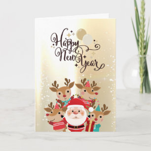Cute Reindeers,Santa Claus Gold Holiday Card