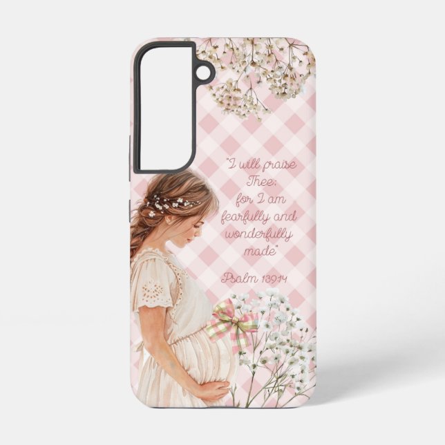 Cute Religious Expectant Mother Plaid Flower Bow Samsung Galaxy S22 Case (Back)