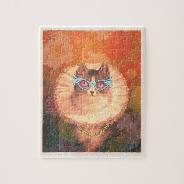 Cute Renaissance cat with glasses and gold chain Jigsaw Puzzle (Vertical)