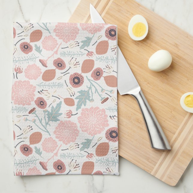Cute Repeat Floral Pink Cream Botanical Print  Kitchen Towel (Quarter Fold)