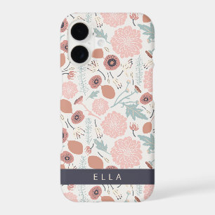 Cute Repeat Pink Cream Botanical Floral Print Name