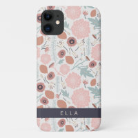 Cute Repeat Pink Cream Botanical Floral Print Name