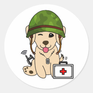 Cute Retriever Dog Wearing army helmet Classic Round Sticker