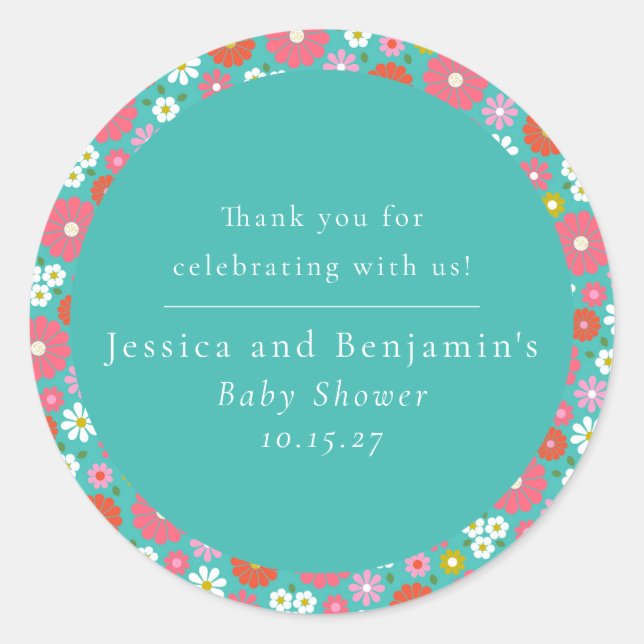 Cute Retro 60s Flower Turquoise Custom Baby Shower Classic Round Sticker (Front)