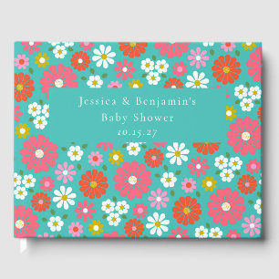 Cute Retro 60s Flower Turquoise Custom Baby Shower Guest Book