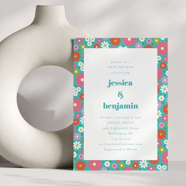 Cute Retro 60s Flowers Turquoise Blue Baby Shower Invitation (Creator Uploaded)