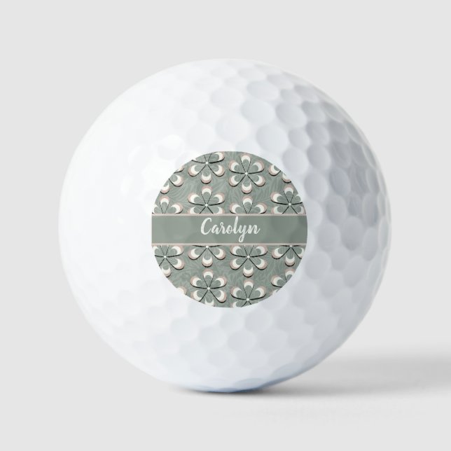  Cute Retro 70's Flower Power Sage Green-White-Tan Golf Balls (Front)
