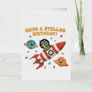 Cute Retro Alien in Rocket Ship   Stellar Space Bi Foil Greeting Card