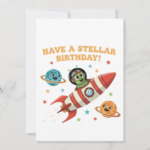 Cute Retro Alien in Rocket Ship Stellar Space Bi Invitation