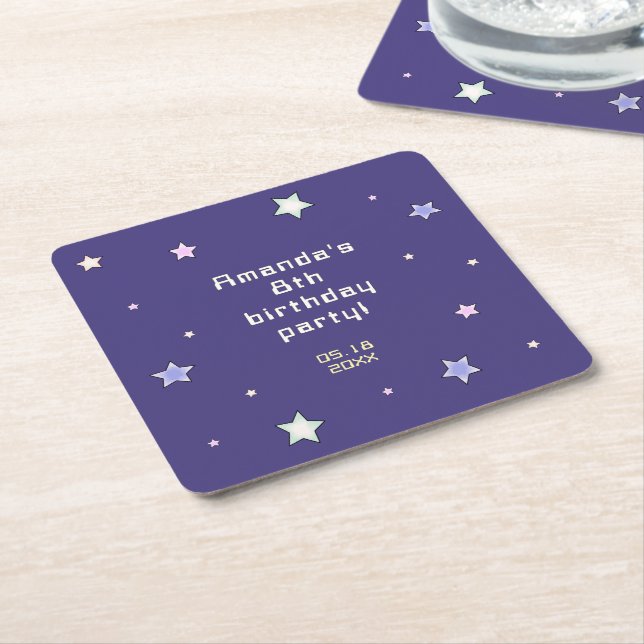 Cute Retro Arcade Game Kids Birthday  Square Paper Coaster (Angled)