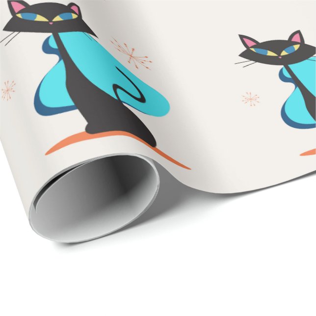 Cute Retro Atomic 50s Black Cat Pattern Wrapping Paper (Roll Corner)