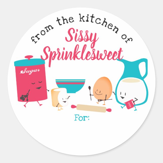 Cute retro baking ingredients personalized to from classic round sticker (Front)