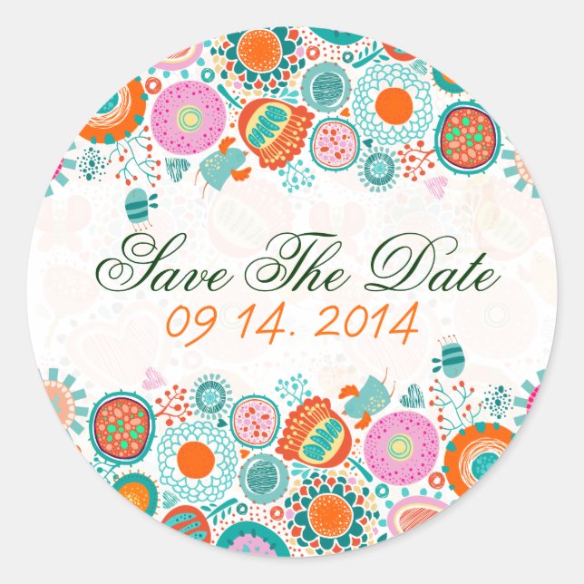 Cute Retro Birds & Flowers Save The Date Classic Round Sticker (Front)