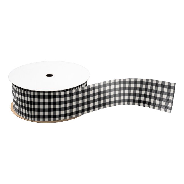 Cute Retro Black and White Gingham Plaid Pattern Grosgrain Ribbon (Spool)