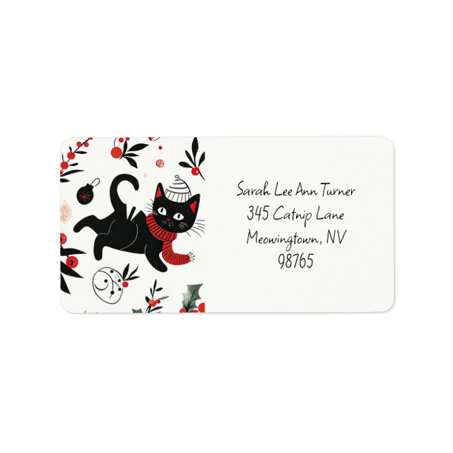 Cute Retro Black Cat Christmas Address Labels (Front)
