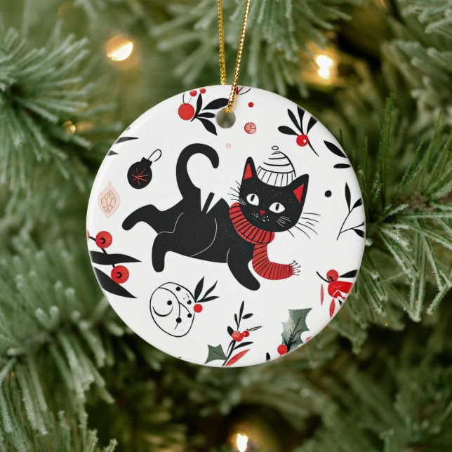 Cute Retro Black Cat Christmas Ceramic Ornament (Tree)