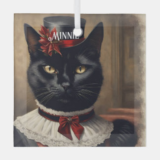 Cute Retro Black Cat Christmas  Glass Ornament