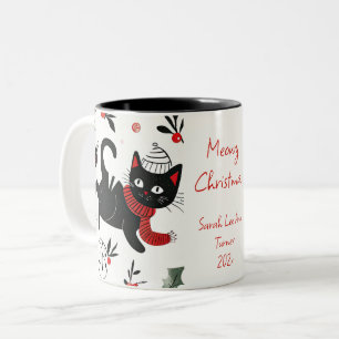 Cute Retro Black Cat Christmas Two-Tone Coffee Mug